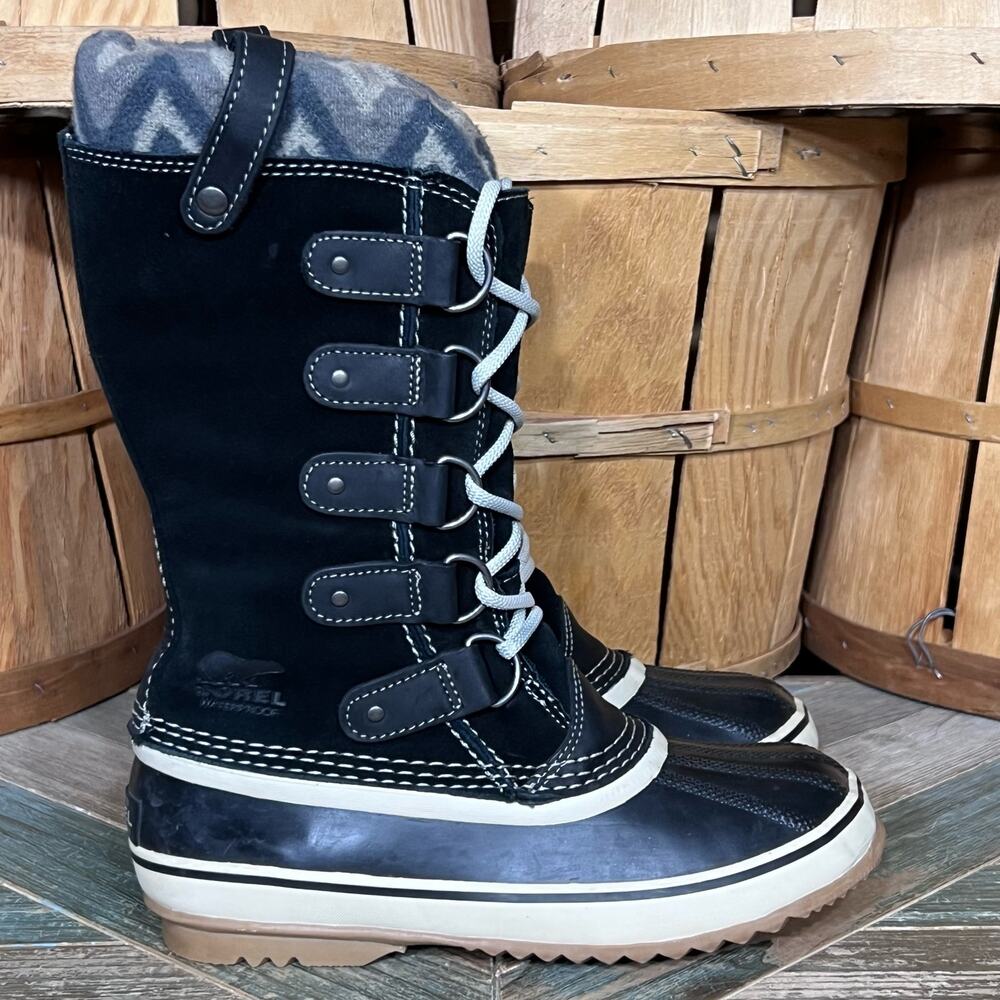 Sorel Joan of Arctic Knit II Black Suede Gray Knit Waterproof Snow Boots Women 7